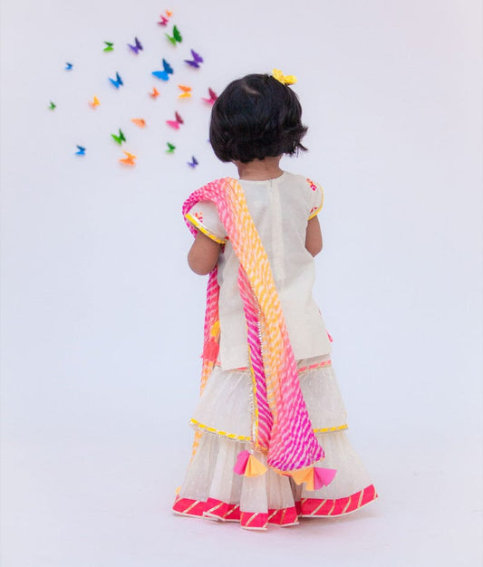 White Cotton Multi Color Booti Sharara with Kurti Leheriya Dupatta for Girls