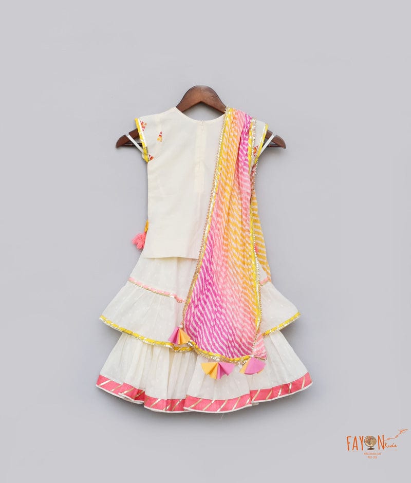 White Cotton Multi Color Booti Sharara with Kurti Leheriya Dupatta for Girls