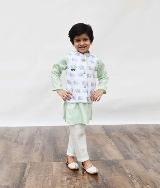 White Elephant Print Nehru Jacket with Green Kurta Off White Pant for Boys