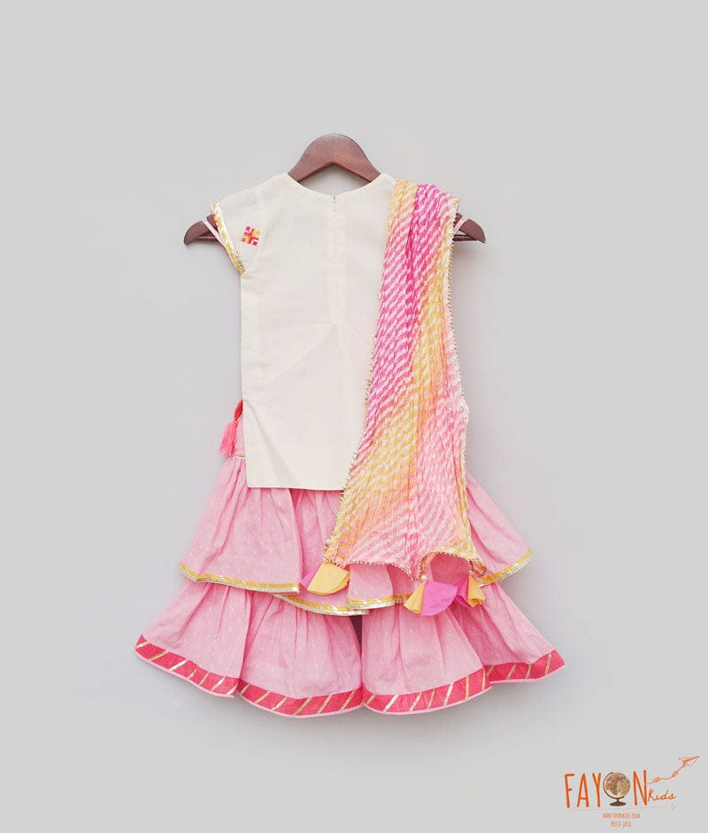 White Multi Color Booti Pink Cotton Sharara with Kurti Lehriya Dupatta for Girls