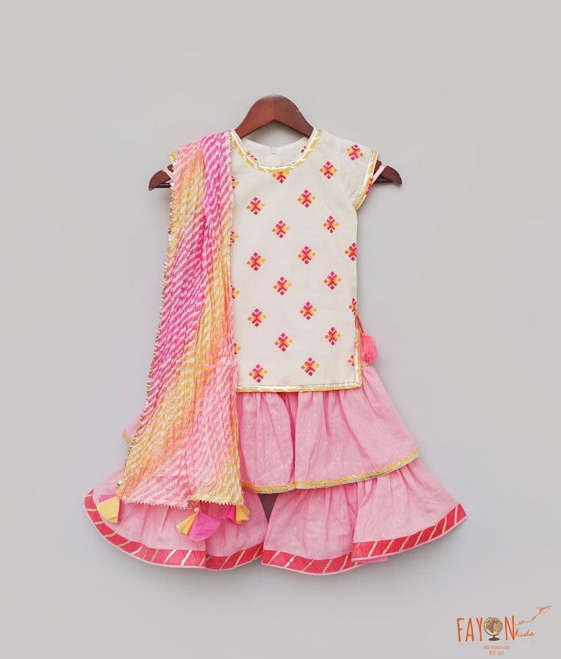 White Multi Color Booti Pink Cotton Sharara with Kurti Lehriya Dupatta for Girls