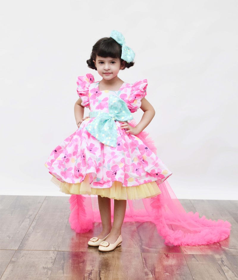 White Neon Pink Floral Print Dress for Girls