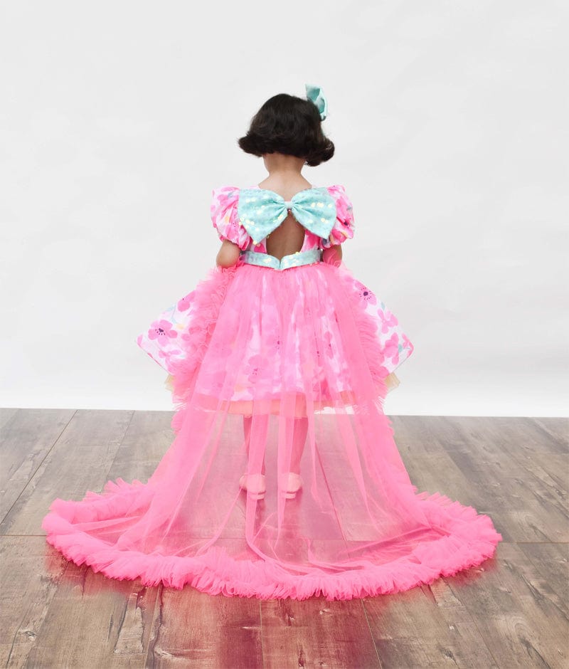 White Neon Pink Floral Print Dress for Girls