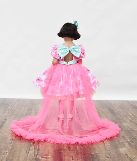 White Neon Pink Floral Print Dress for Girls