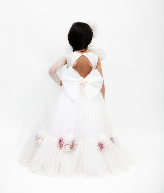 White Sequins Net Gown for Girls