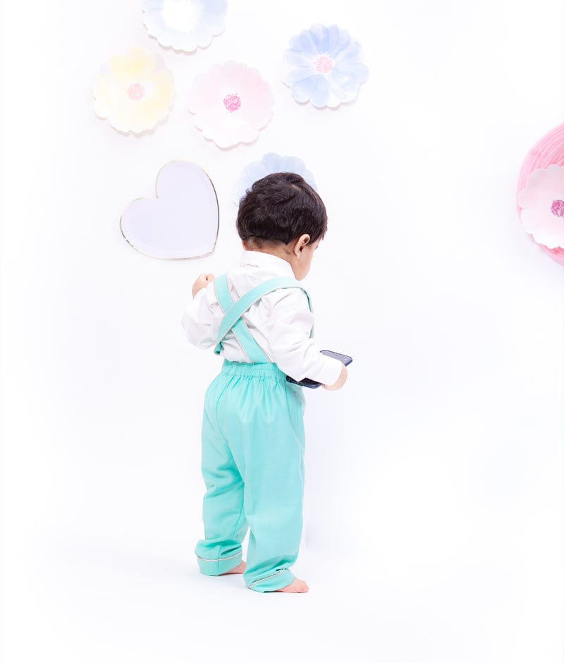 White Shirt with Suspenders Aqua Pants for Boys