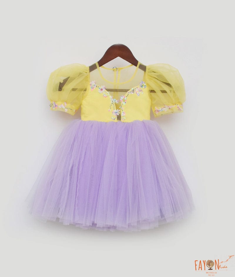 Yellow and Lilac Net Frock for Girls