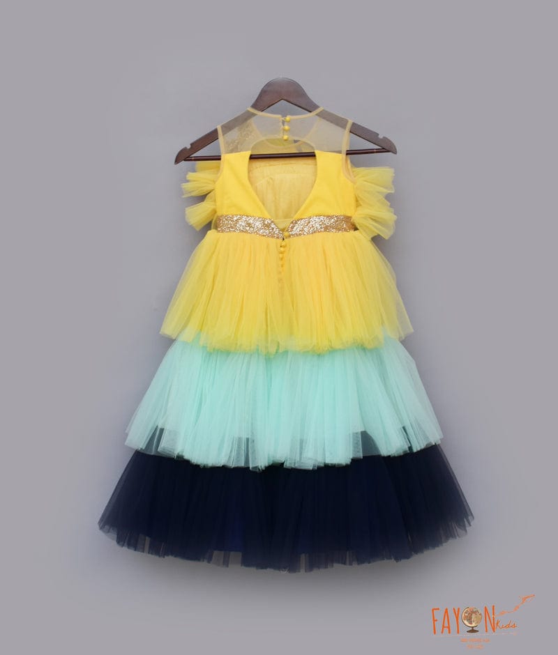 Yellow Aqua Blue Frill Gown for Girls