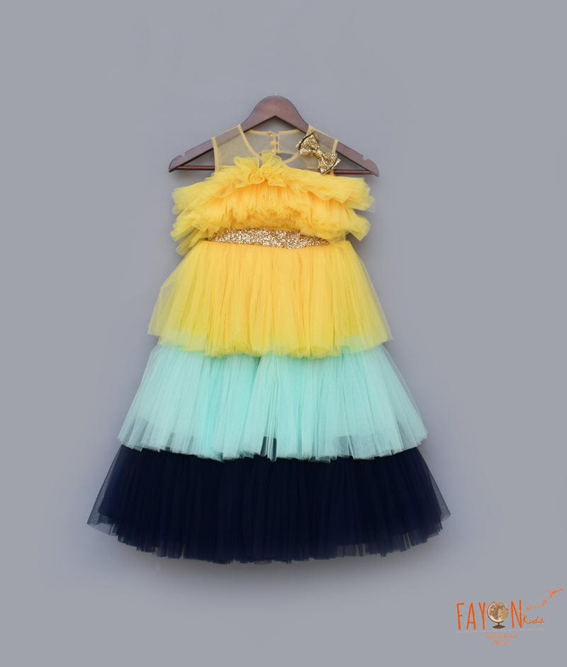 Yellow Aqua Blue Frill Gown for Girls