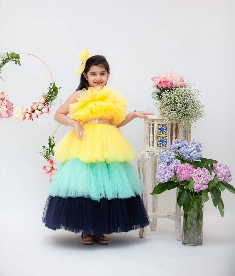 Yellow Aqua Blue Frill Gown for Girls