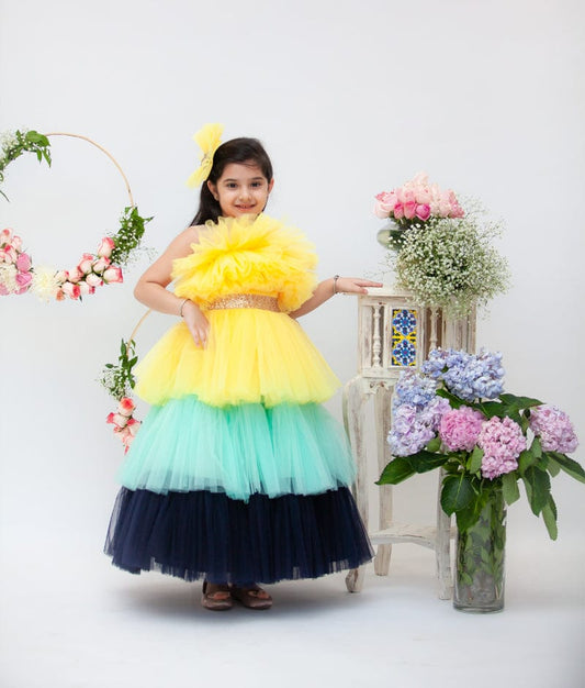 Yellow Aqua Blue Frill Gown for Girls