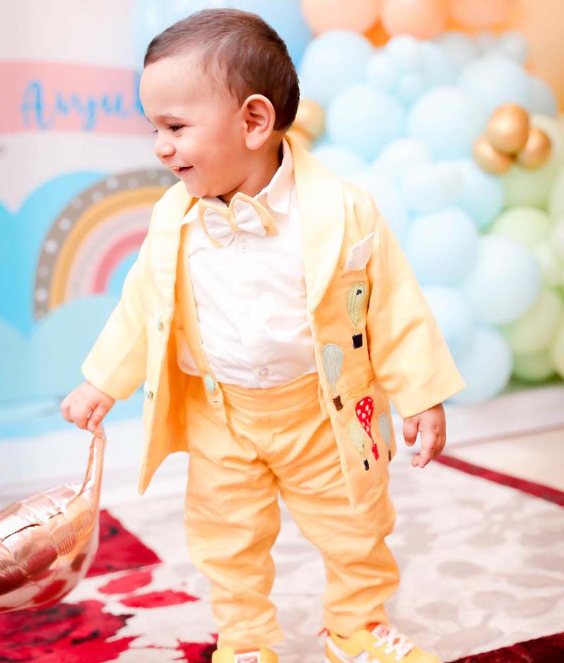 Yellow Ballons Motif Coat with White Shirt Pant for Boys