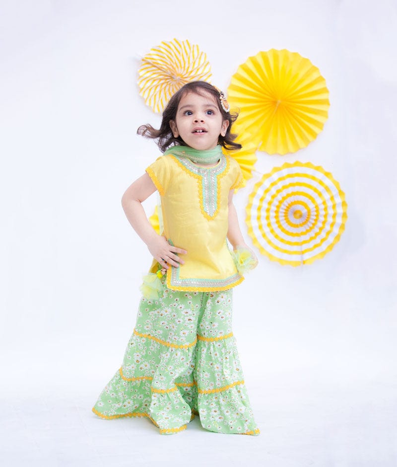 Yellow Cotton Silk Green Printed Sharara with Kurti Boti Net Dupatta for Girls
