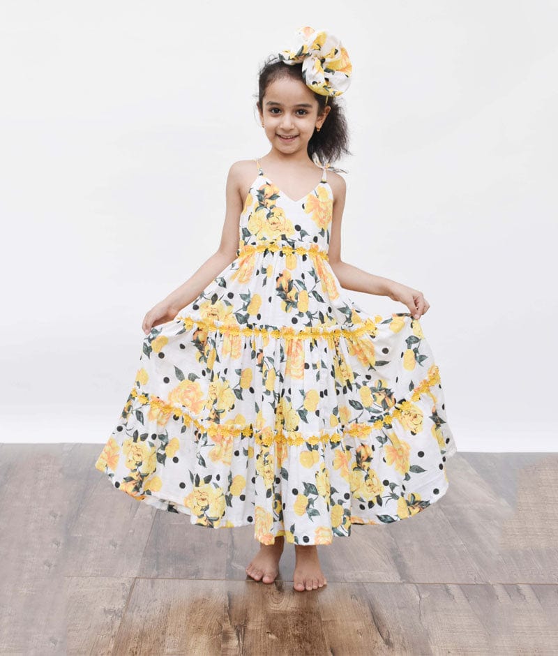 Yellow Floral Printed Dress for Girls