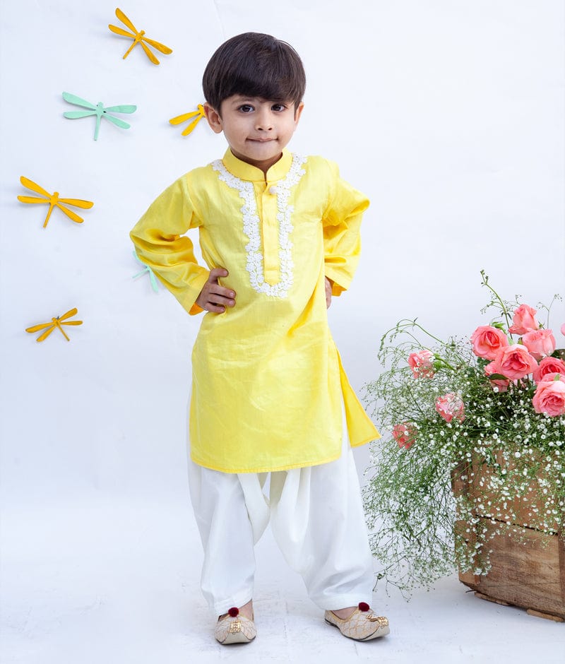 Yellow Kurta with Dori Work Embroidery Salwar for Boys