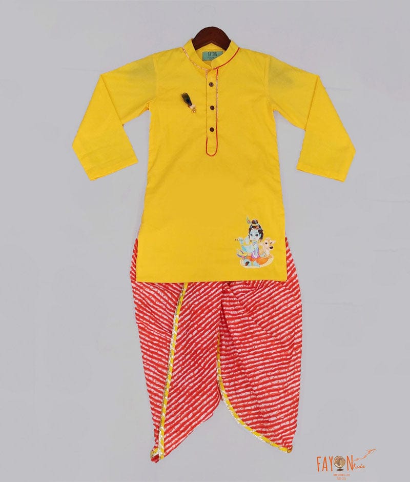 Yellow Kurta with Lehriya Dhoti for Boys
