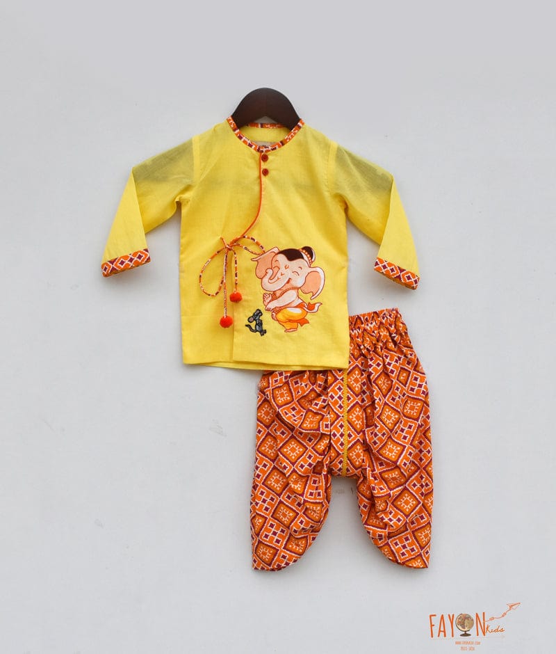 Yellow Kurta with Printed Dhoti for Boys
