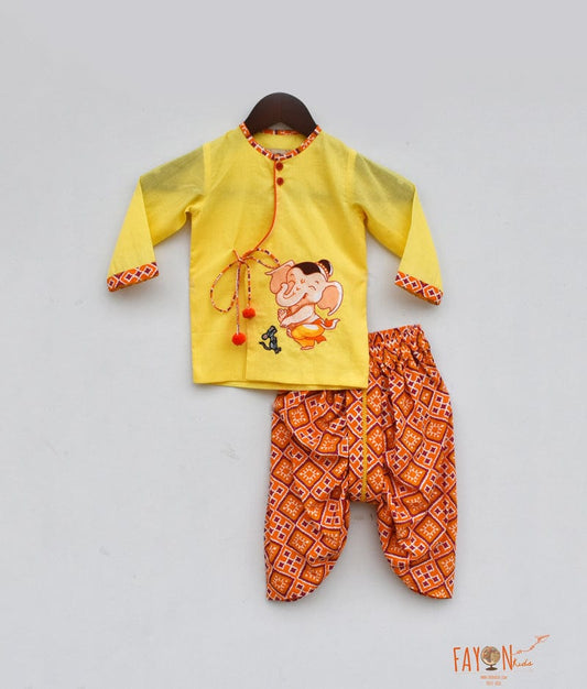 Yellow Kurta with Printed Dhoti for Boys