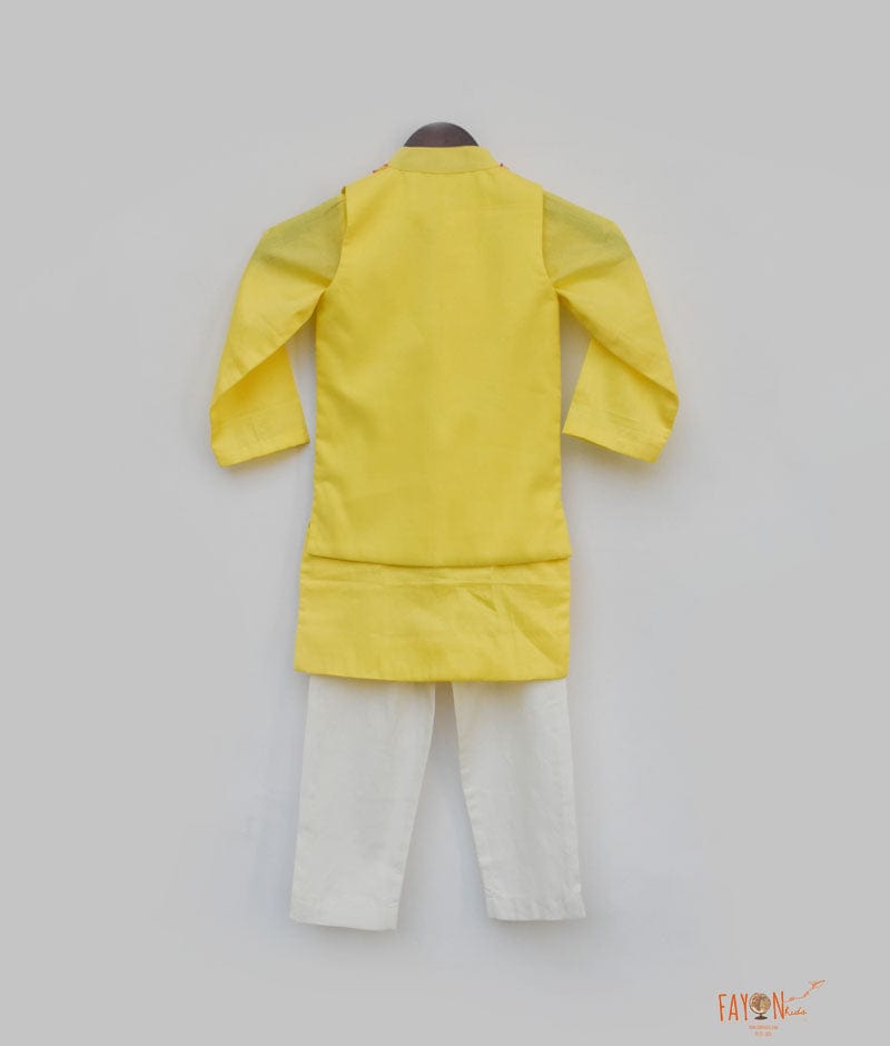 Yellow Mirror Work Jacket with Kurta Pant for Boys