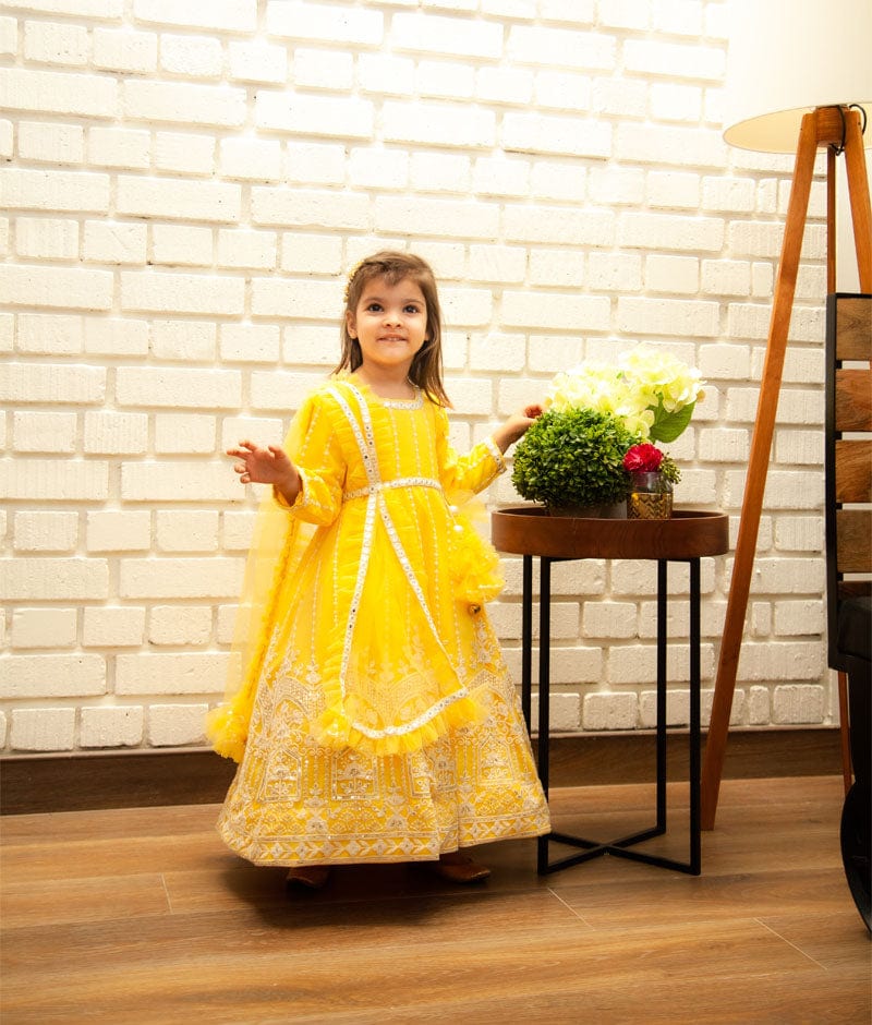 Yellow Net Embroidery Anarkali with Frill Dupatta for Girls