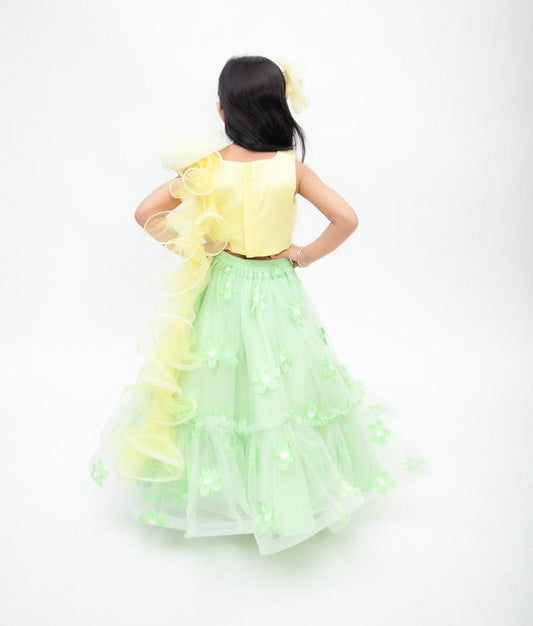 Yellow Net Green Net Embroidery Lehenga with Choli Drape for Girls