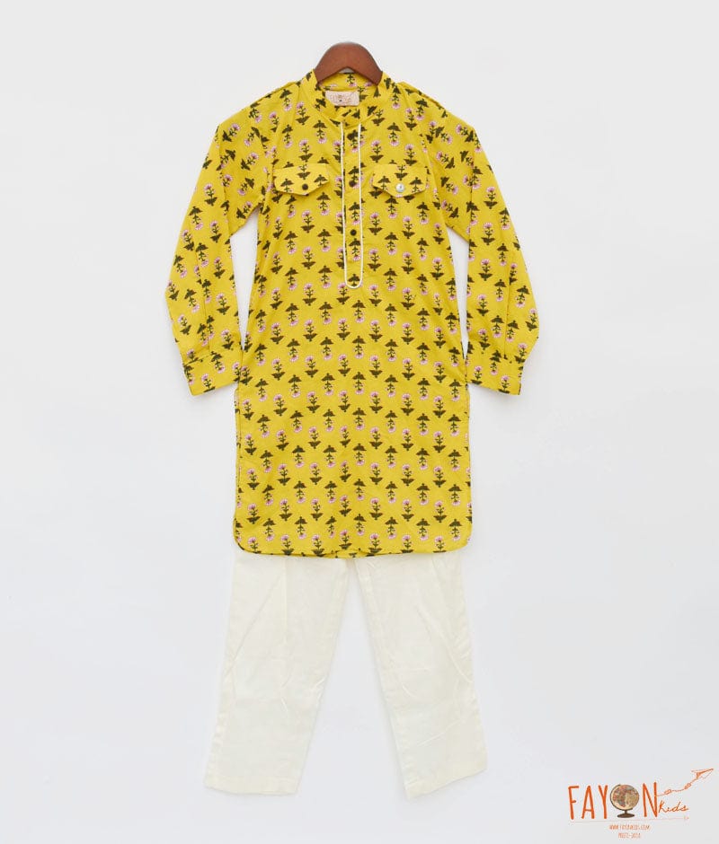 Yellow Print Kurta and Pant for Boys