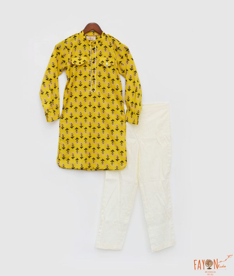 Yellow Print Kurta and Pant for Boys