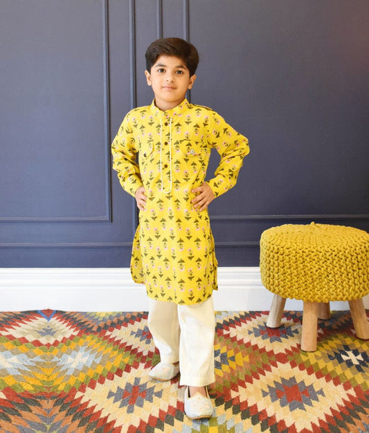 Yellow Print Kurta and Pant for Boys