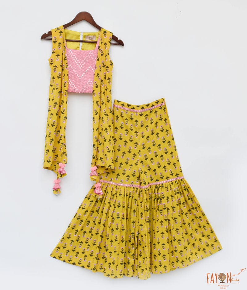 Yellow Print Top and Sharara Set for Girls