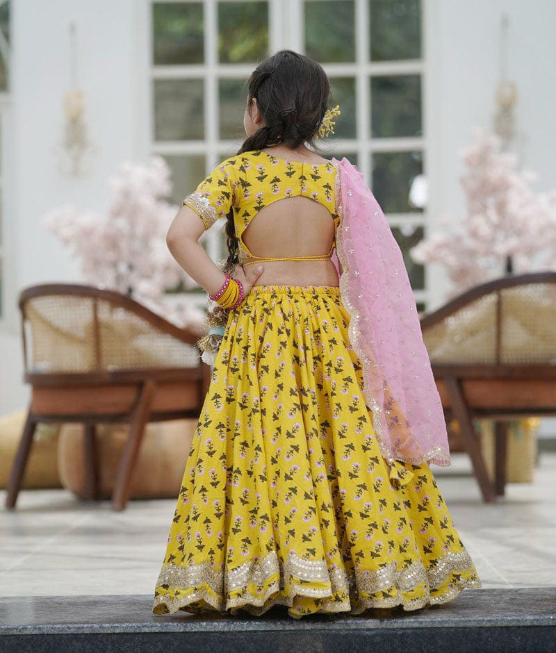 Yellow Printed Lehenga Choli and Organza Dupatta for Girls