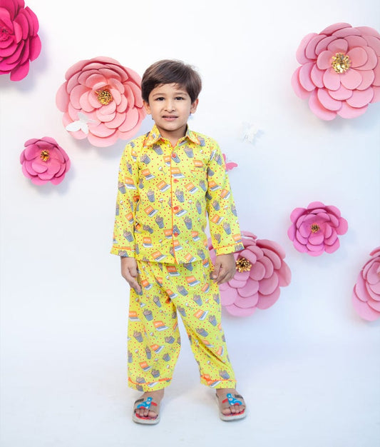 Yellow Printed Shirt with Pajama for Boys