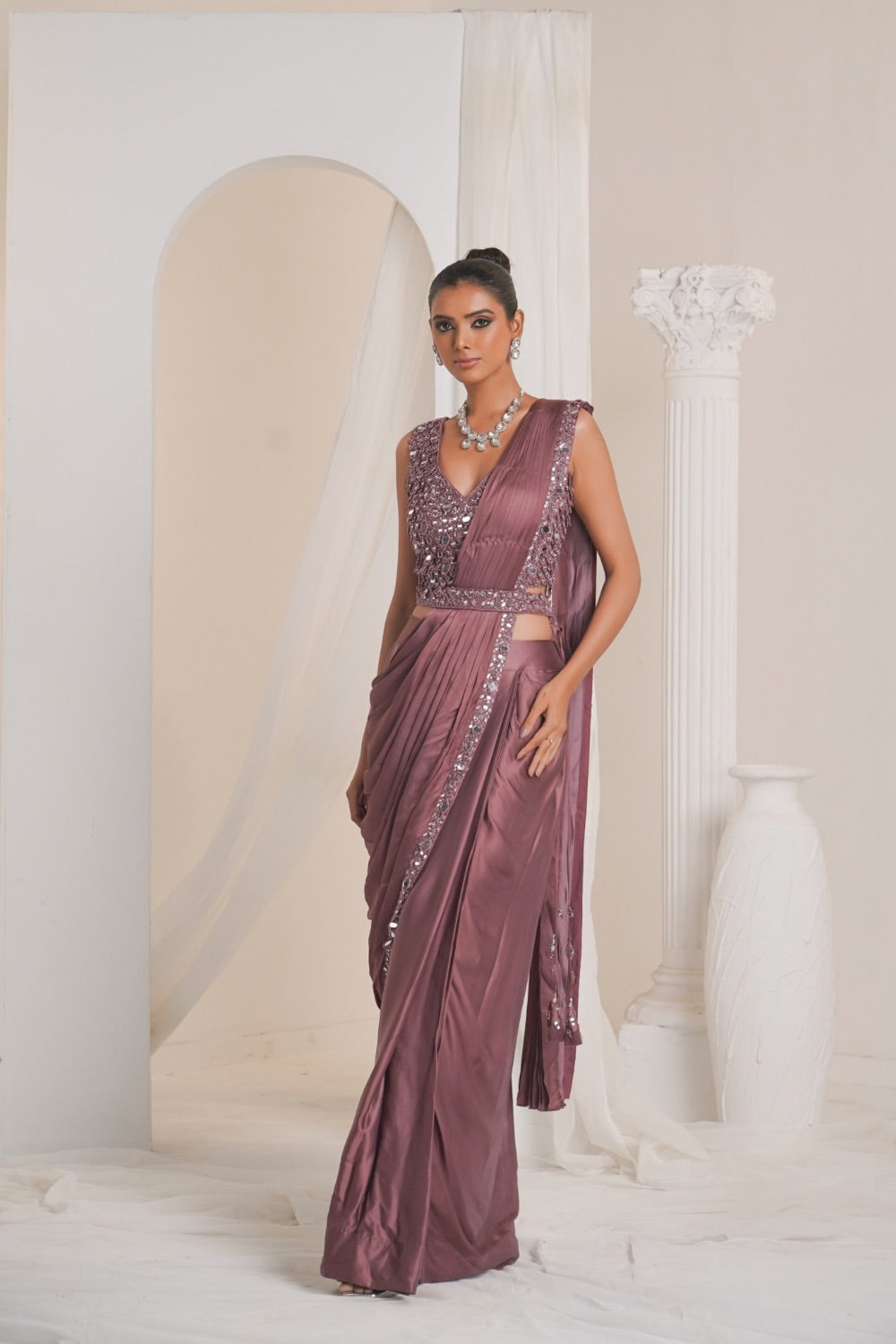 Mauve crepe silk saree with mirror work