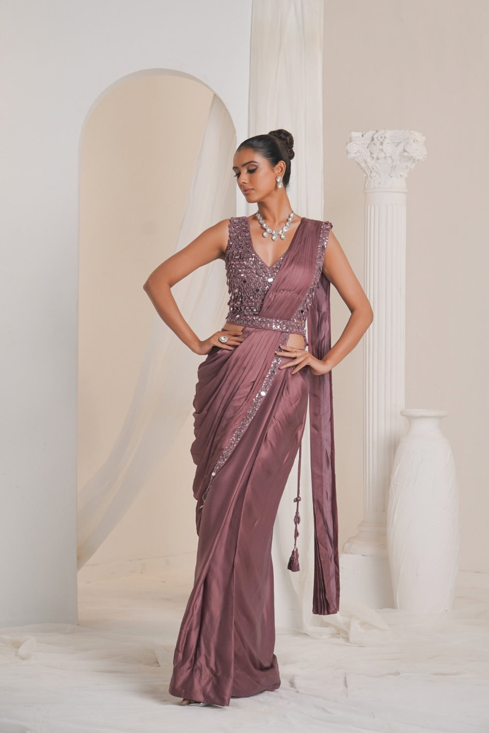 Mauve crepe silk saree with mirror work