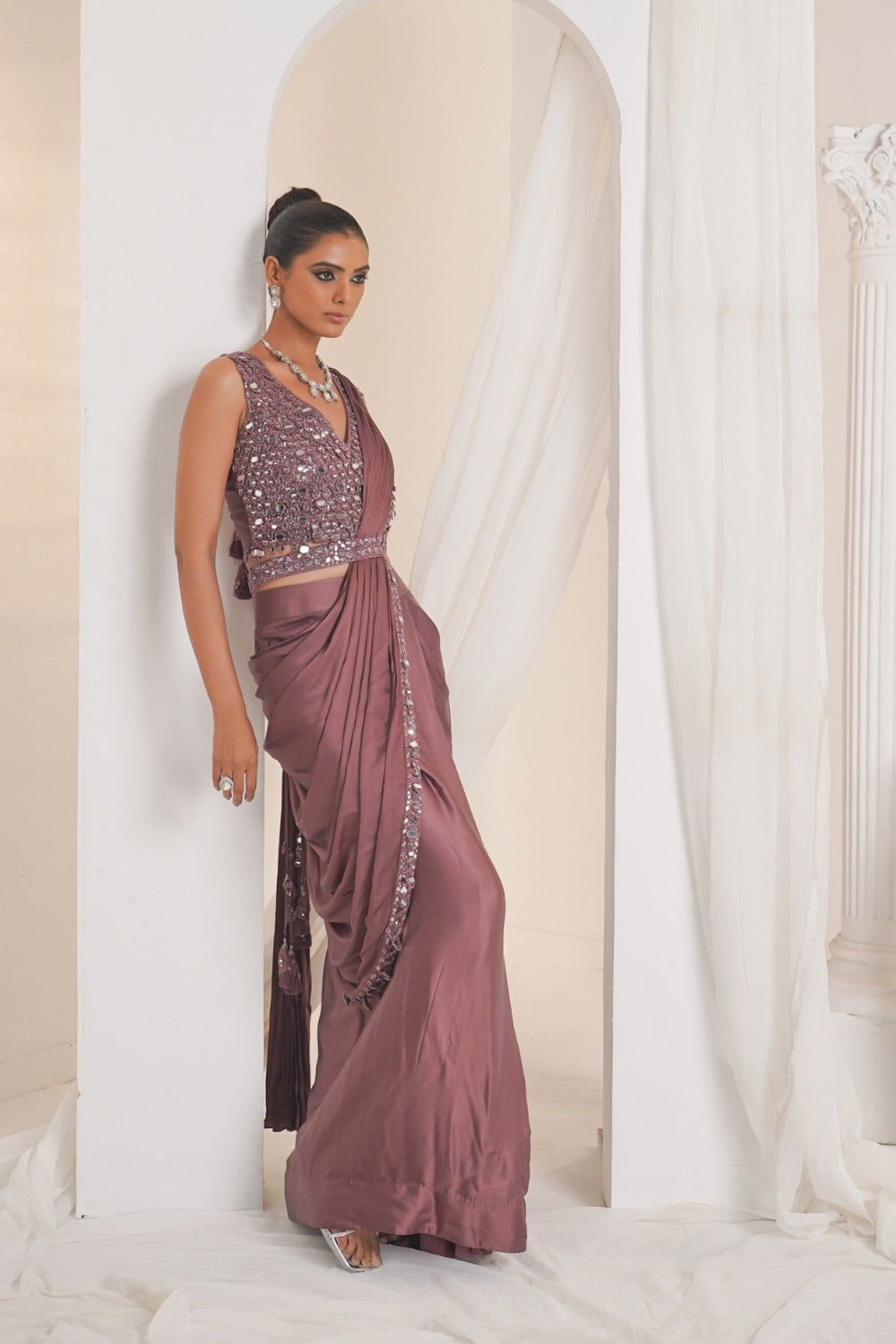 Mauve crepe silk saree with mirror work