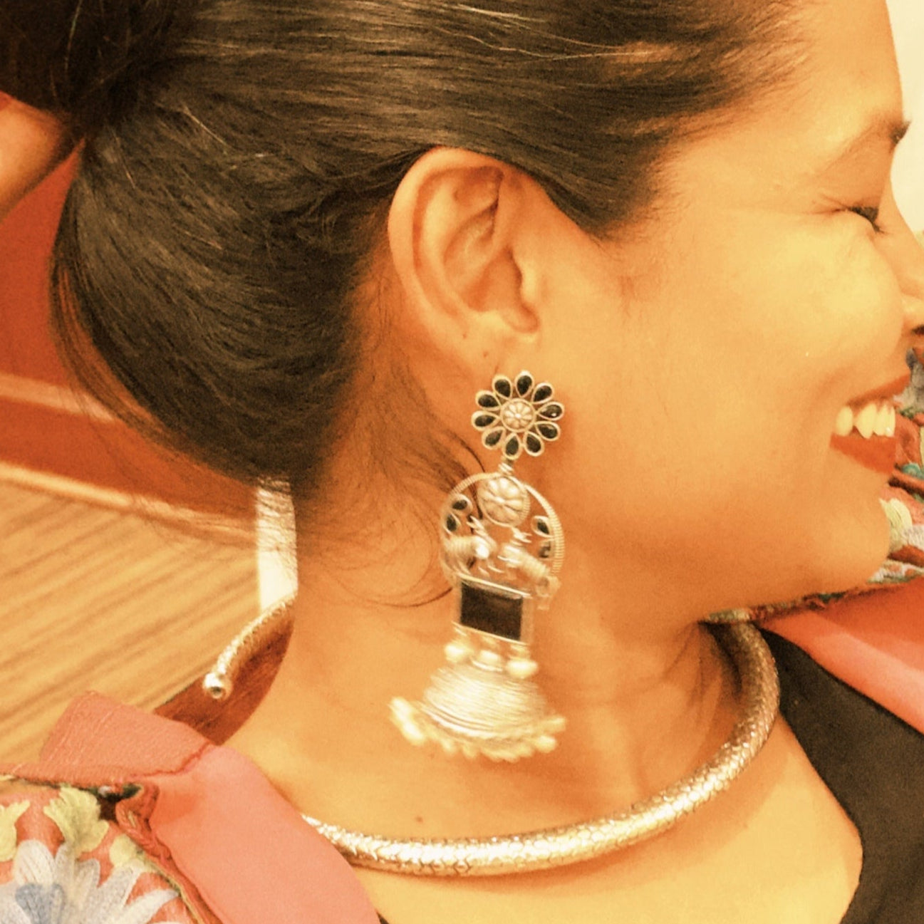 Zevar Club Oxidised Silver-Plated Black Stone & Pearl Beaded Jhumkis Earrings