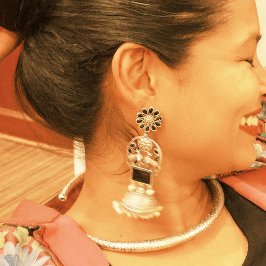 Zevar Club Oxidised Silver-Plated Black Stone & Pearl Beaded Jhumkis Earrings