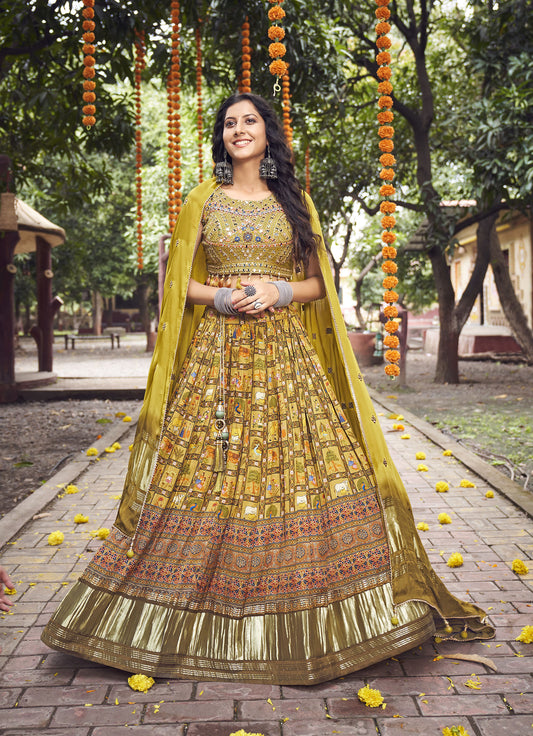 Green Satin Silk Mirror Work Mehendi lehenga
