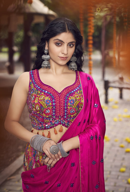 Pink Satin Silk Mirror Work Bridesmaid lehenga