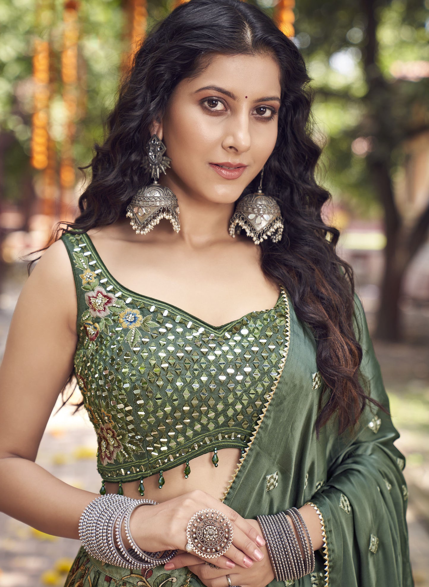 Classic Green Satin Silk Mirror Work Bridesmaid lehenga