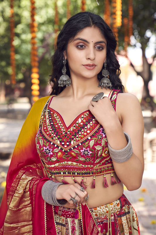 Red Satin Silk Mirror Work Engagement lehenga