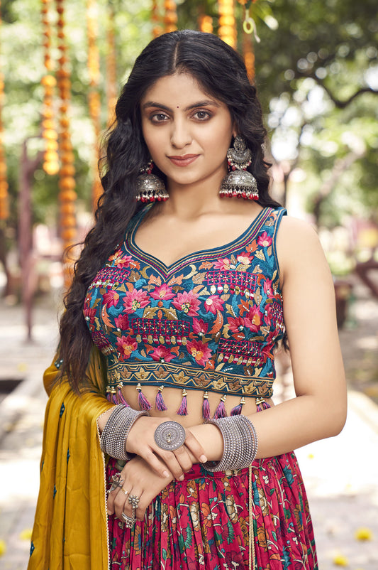 Dark Pink Satin Silk Mirror Work Sangeet lehenga