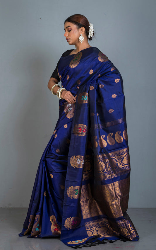 Exclusive Handwoven Paisley Motif Minakari Work Gadwal Silk Saree in Dark Royal Blue, Antique Golden and Multicolored