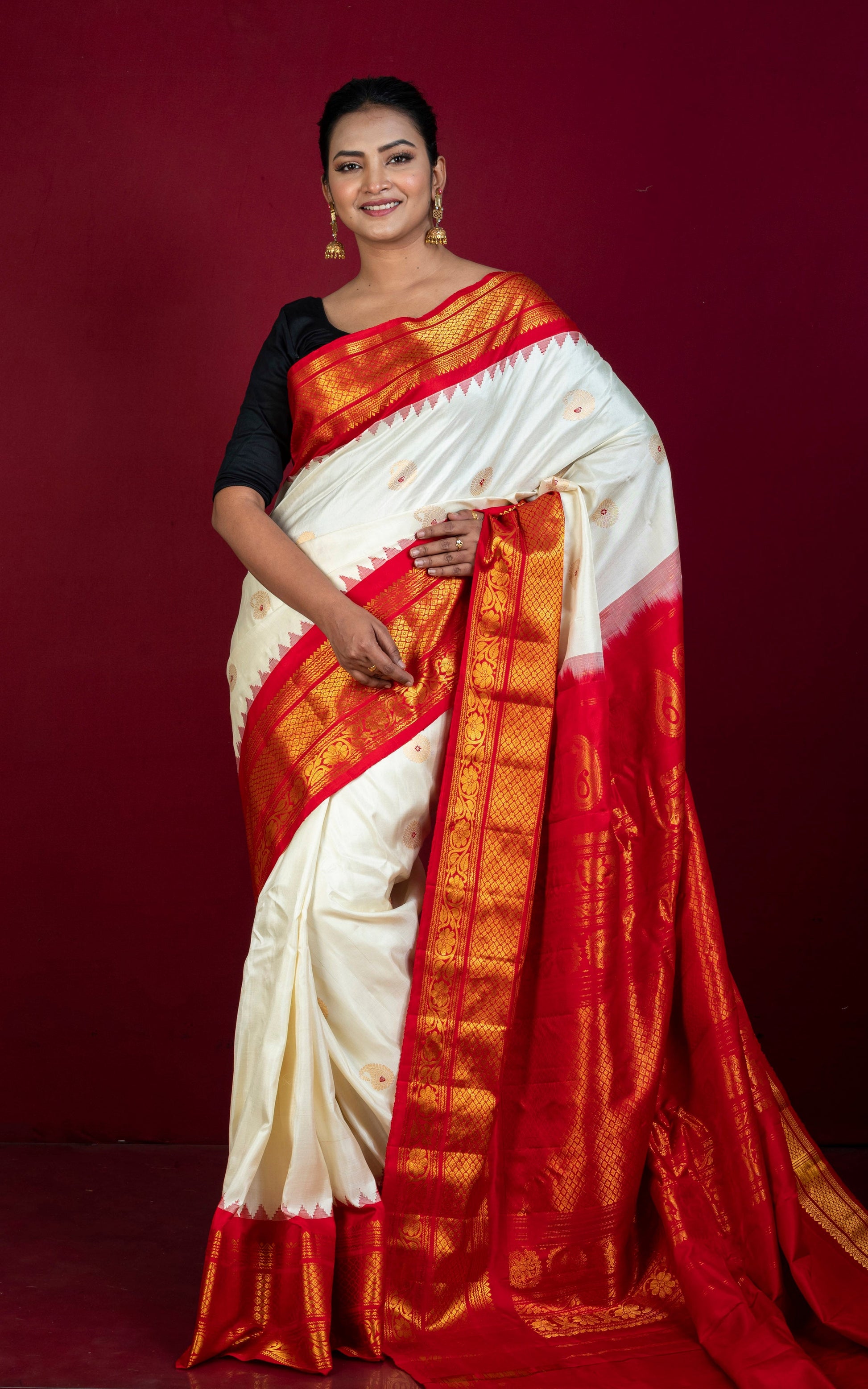 Exclusive Woven Mahapar Gadwal Silk Saree in Off White, Red and Golden Zari Weave