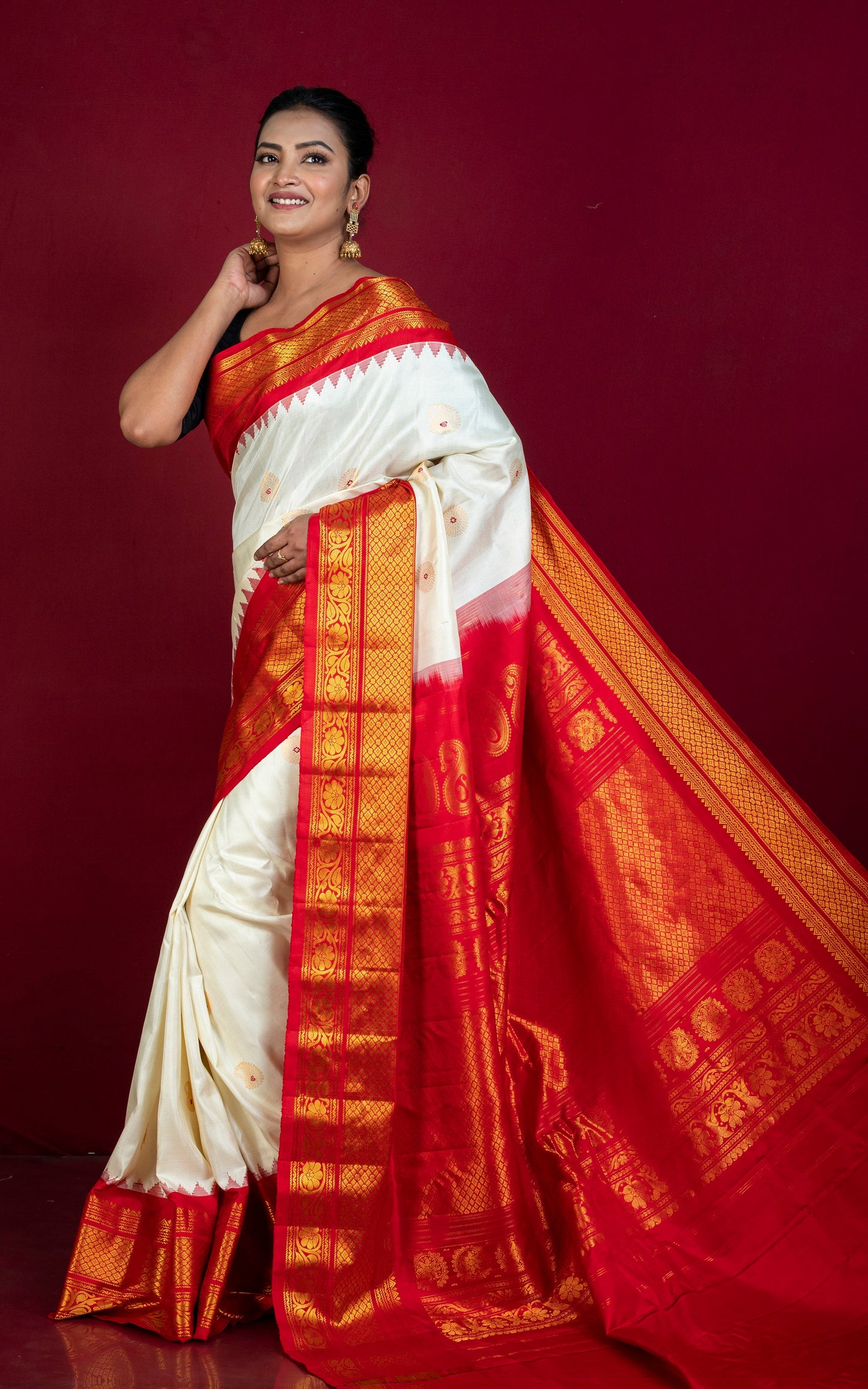 Exclusive Woven Mahapar Gadwal Silk Saree in Off White, Red and Golden Zari Weave