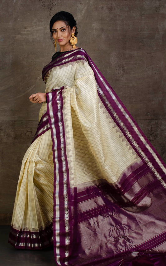 Pure Silk Checks Gadwal Silk Saree in Beige, Eggplant Purple and Silver Zari Work