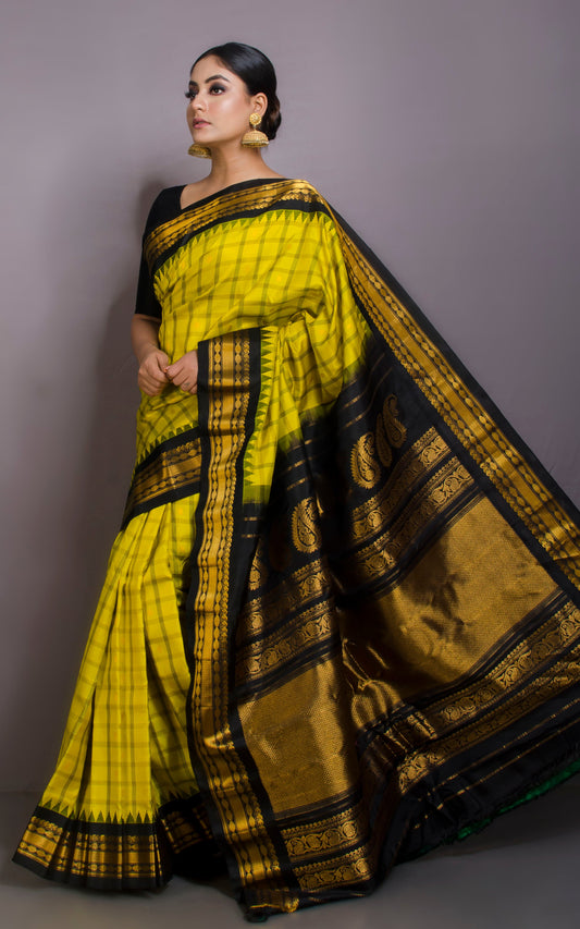 Premium Quality Checks Gadwal Silk Saree in Aureolin Yellow and Black