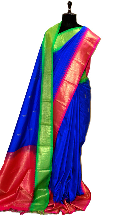 Blended Gadwal Silk Saree in Royal Blue, Hot Pink and Gel Green