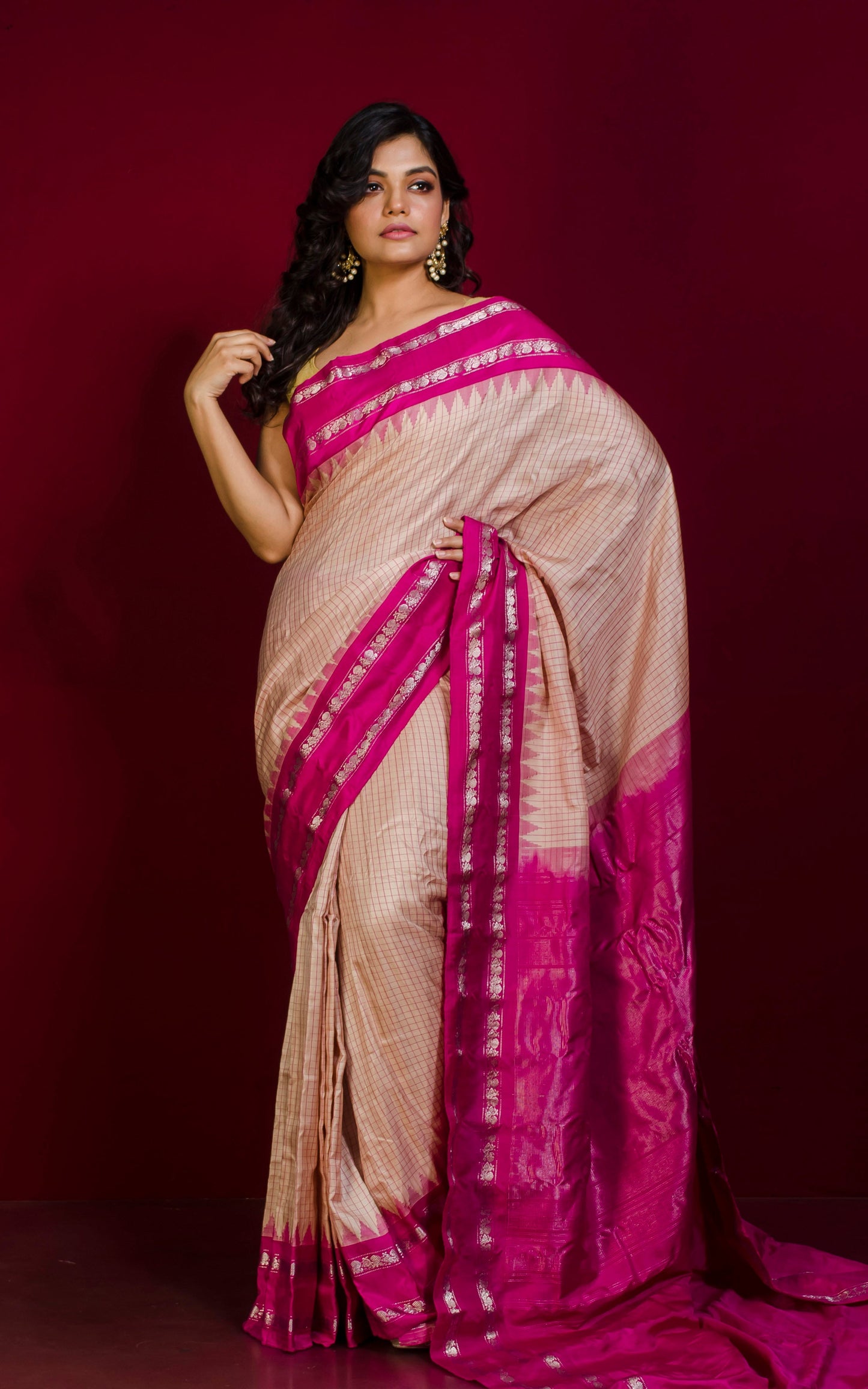 Pure Silk Checks Gadwal Silk Saree in Parmesan, Magenta and Silver Zari Work