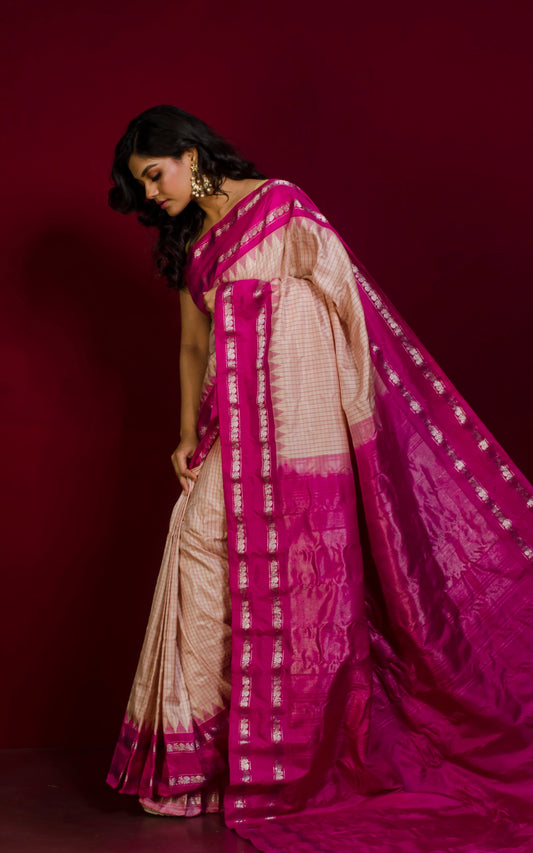 Pure Silk Checks Gadwal Silk Saree in Parmesan, Magenta and Silver Zari Work
