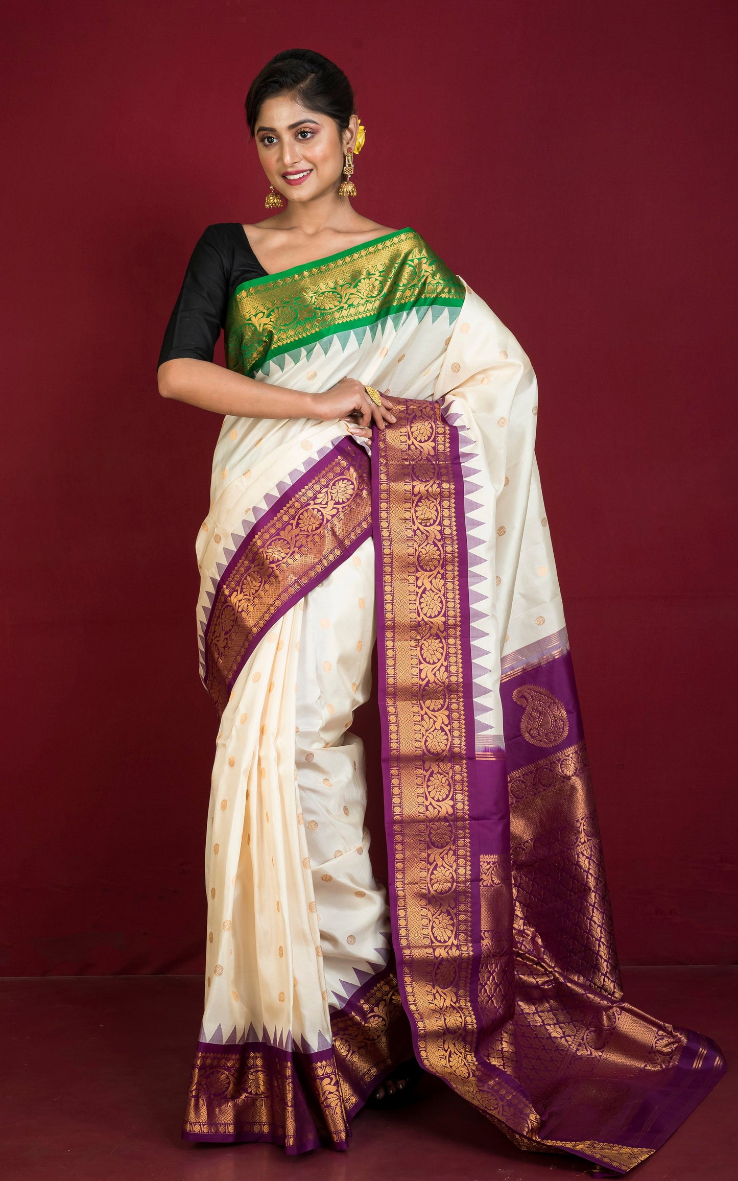 Exclusive Gadwal Silk Saree in Off White, Mulberry Purple, Natural Green and Golden Zari Weave